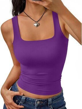 Women's Purple Square Neck Double Lined Lightweight Imported Tank Tops